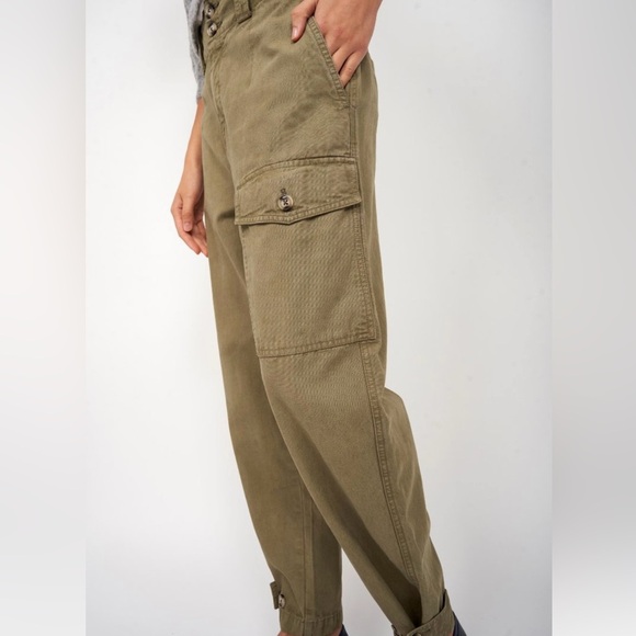 Utility Cargo Pants Green Button Hem – Streetwear Military Style Tapered Leg - Picture 1 of 10